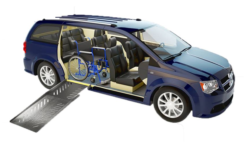 Side entry ramp on minivan diagram showing interior of the vehicle with a wheelchair inside.