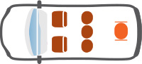 Diagram of seating options showing two front seats, three seats in the middle and wheelchair in the back row.