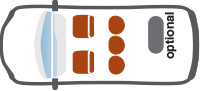 Diagram of seating options showing two front seats, 3 seats in the middle and an optional bench in the back row.